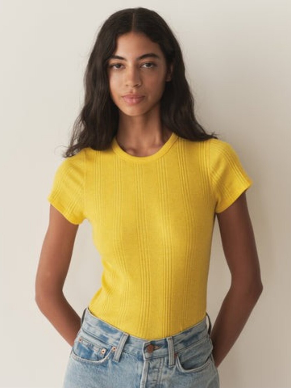 Doen Vivi tee cashmere cotton blend pointelle ribbed ringer yellow, xxlarge